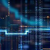 Development process visual: code lines and data streams